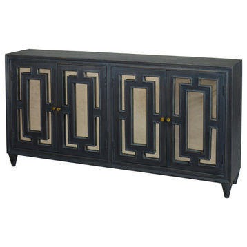 80" Black Antiqued Glass Doors Trellis Wooden Layover Sideboard Noche