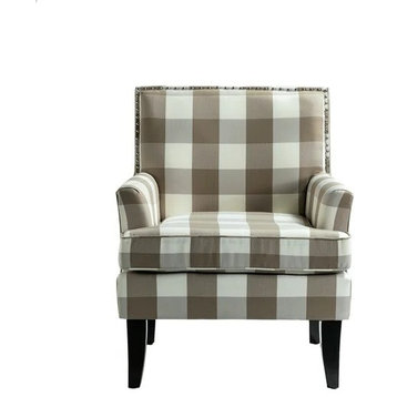 Classic Accent Chair, Padded Seat With Low Arms & Nailhead, Gray/White Plaid