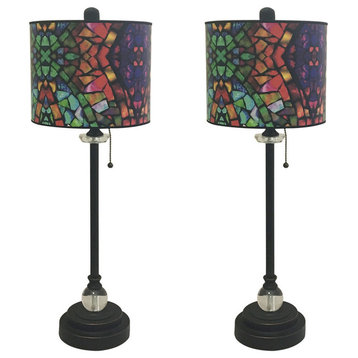 28" Crystal Lamp With Mosaic Stained Glass Shade, Oil Rubbed Bronze, Set of 2