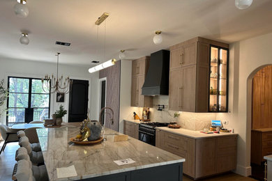 Trendy kitchen photo in Los Angeles with beige cabinets, quartzite countertops, beige backsplash and beige countertops