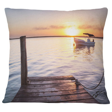 Boat View From Boardwalk on Beach Seashore Throw Pillow, 16"x16"