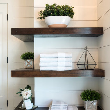 Floating Shelves Add Farmhouse Charm to Modern Bathroom