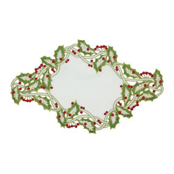 Xia Home Fashions - Holiday Holly Embroidered Cutwork Placemat, 12"x18", White, Set of 4 - Placemats