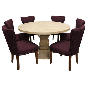 Benedict 7-Piece Dining Set, 58" Round Dining Table And 6 Purple Linen Chairs