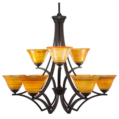 Zilo 9 Light Chandelier Shown, Dark Granite Finish With 7" Firr? Saturn Glass