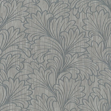 Contemporary Metallic Textured Leafy Wallpaper, Gray, Double Roll