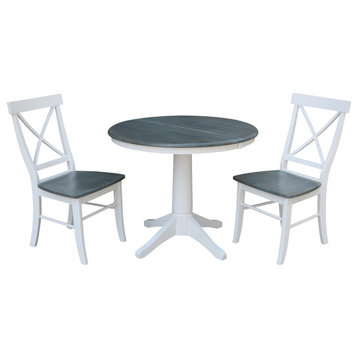 36" Round Extension Dining Table With X-Back Chairs, White/Heather Gray