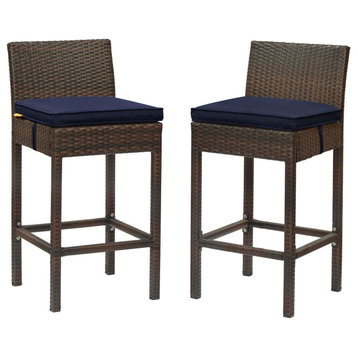 Modern Outdoor Bar Stool Chair, Set of Two, Fabric Rattan, Brown Navy Blue
