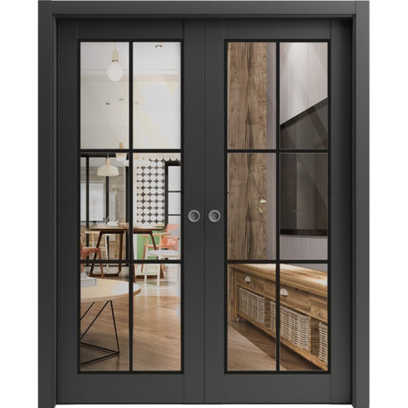 French Double Pocket Doors 64x80 | Lucia 2366 Matte Black | Kit Trims Rail
