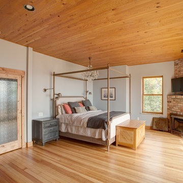 Reclaimed Pine Ceiling Paneling in a Transitional Bedroom