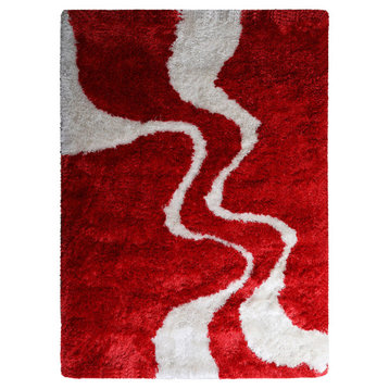 Hand Tufted Shag Polyester Area Rug Contemporary Red White, [Rectangle] 6'x9'