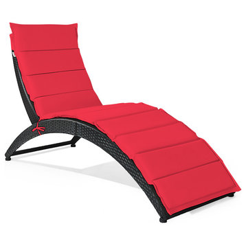 Costway Folding Patio Rattan Lounge Chair Chaise Cushioned Garden Lawn Red