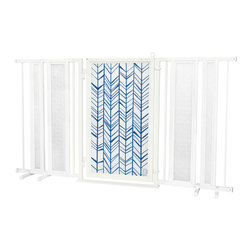 Fusion Gates - Fusion Gate with Chevron Trail in Blue Design, White Pearl, 65"-71.4" - Dog Gates