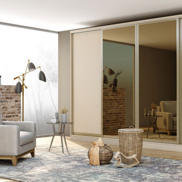 Glass Sliding Wardrobe in Woodgrain with Full Bronze Mirror by Inspired Elements