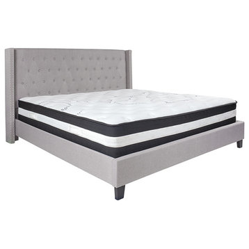 King Size Tufted Platform Bed in Light Gray with Spring Mattress