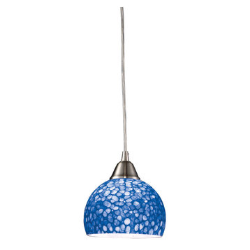 Cira 1-Light Pendant, Satin Nickel With Pebbled Blue Glass