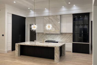 Inspiration for a large classic l-shaped kitchen/diner in Miami with a submerged sink, recessed-panel cabinets, black cabinets, engineered stone countertops, engineered quartz splashback, light hardwood flooring, an island and a drop ceiling.