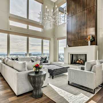 Living Room with High Ceilings and Fireplace