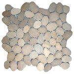 CNK Tile - Sliced Java Tan Pebble Tile - Each pebble is carefully selected and hand-sorted according to color, size and shape in order to ensure the highest quality pebble tile available. The stones are attached to a sturdy mesh backing using non-toxic, environmentally safe glue. Because of the unique pattern in which our tile is created they fit together seamlessly when installed so you can't tell where one tile ends and the next begins!