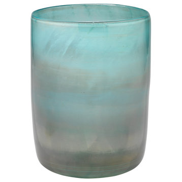 Elegant Light Blue Aqua Art Glass Vase 11" Hurricane Ombre Gold Metallic