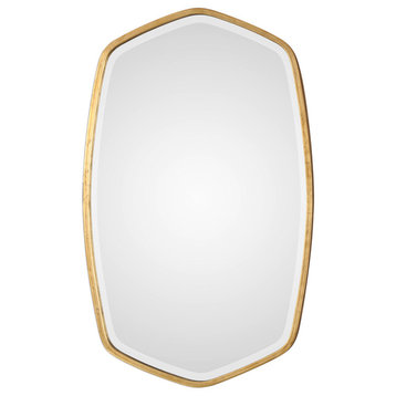 Elegant Curved Gold Oval Hexagon Wall Mirror |36" Vanity Wood Thin Frame Rounded