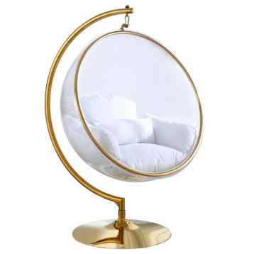 Luna Metal Acrylic Swing Bubble Accent Chair With Stand, White, Gold Base