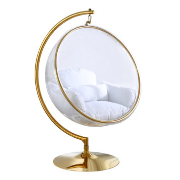 Luna Metal Acrylic Swing Bubble Accent Chair With Stand, White, Gold Base