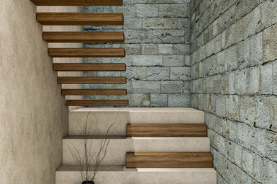 Modelo de escalera en U grande con escalones de madera y contrahuellas de hormigón