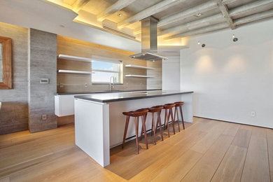 Inspiration for a huge contemporary single-wall light wood floor open concept kitchen remodel in Miami with open cabinets, white cabinets, beige backsplash, stainless steel appliances, an island, porcelain backsplash and concrete countertops