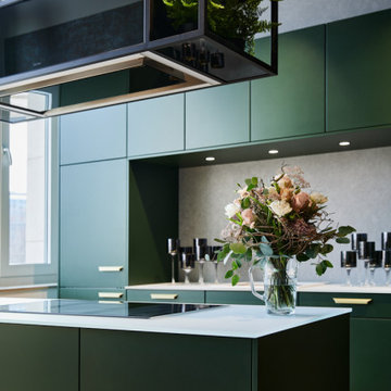 Grüne elegante Küche Grifflos Modernes Design Insel