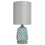 StyleCraft Home Collection - Cut Out Ceramic Table Lamp, Blue - A cool new take on a vintage style, this ceramic table lamp is finished in a soft blue for a standout quality that's equally easy to match. Made to meet exacting artisan standards, this lamp is designed with an open lattice body and fabric hardback shade in white. It's a bold selection for bringing life to tabletops throughout your mid-century inspired decor.