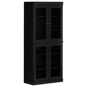 100% Solid Wood Modular Pantry 32"x71.5" With Glass Doors, Black