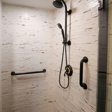 Century Home Farmhouse Masterbath with Vessel Sink and Tiled Shower