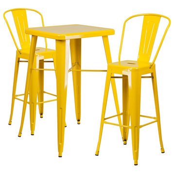 3 Pieces Patio Bistro Set, Square Table & 2 Stackable Bar Height Stools, Yellow