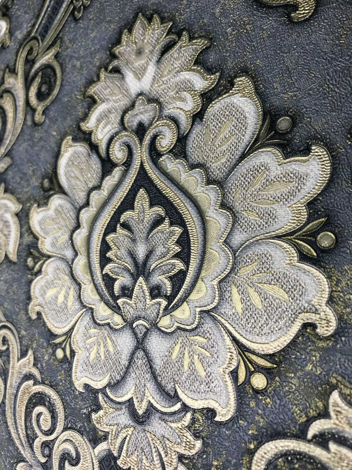 Textured Victorian Retro damask gray gold metallic wallpaper, 42 Inc X ...