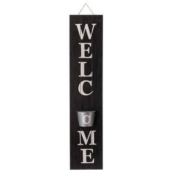 42" Wooden WELCOME Porch Sign With Metal Planter, Black