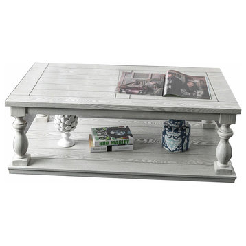 Wooden Coffee Table With Bottom Shelf, Antique White Finish