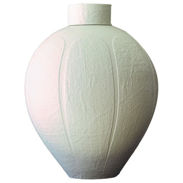 Classic Elegant Large White Round Ginger Jar, Lid Urn Linen Textured Sculpture