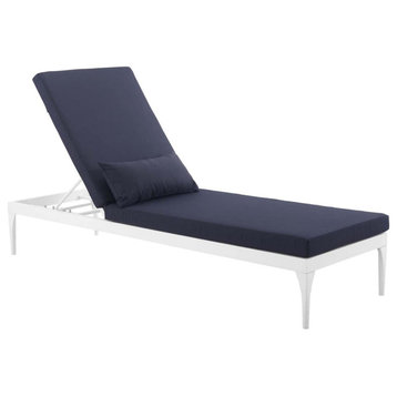 Comfortable Patio Chaise Lounge, White Painted Frame and Padded Seat, Navy