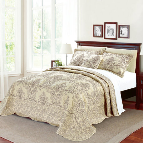 Damask Embroidered Quilted 4 Piece Bed Spread Sets, Beige, King