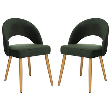Set of 2 Dining Chair, Gold Legs With Velvet Seat & Curved Open Back, Green
