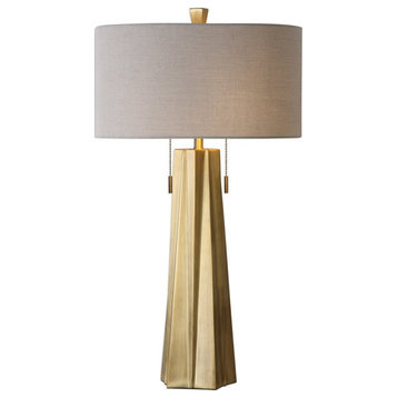 Maklaine Stainless Steel & Fabric Table Lamp in Antiqued Brass/Light Beige