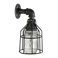 Mason Jar With Cage Wall Sconce - industrial farmhouse lighting, Black Pipe, Wit