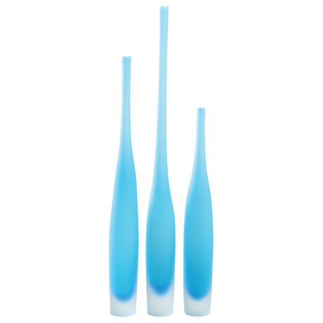 Tall Frosted Blue Art Glass Spire Bottle Vase, Modern Slim, 3-Piece Set