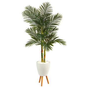 70" Golden Cane Artificial Palm Tree, White Planter With Stand