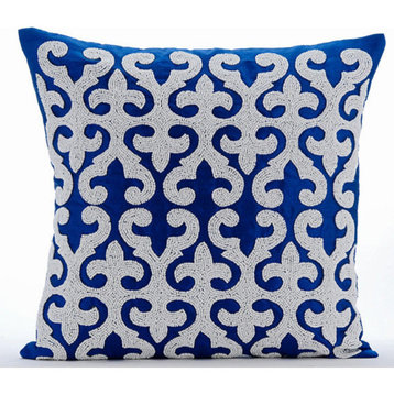 Arabic Pattern Applique 16"x16" Art Silk Blue Throw Pillows Cover, Blue Royale