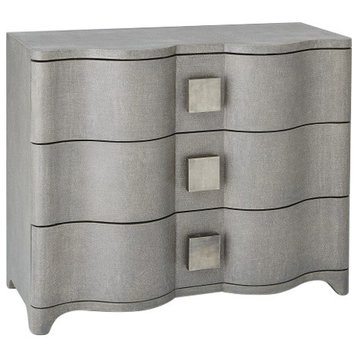 Linen Wrapped MidCentury Gray Accent Chest  Console Drawers Fabric Silver Curved