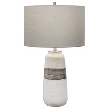 Modern Rustic White Crackled Ceramic Table Lamp Ribbed Brown Stripe Gray
