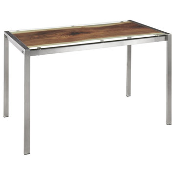 Live Edge Contemporary Table, Stainless Steel With Printed Glass Top