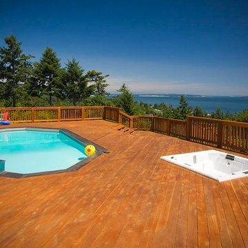 cordova bay, view, deck, pool, reclaimed, heritage fir floors,